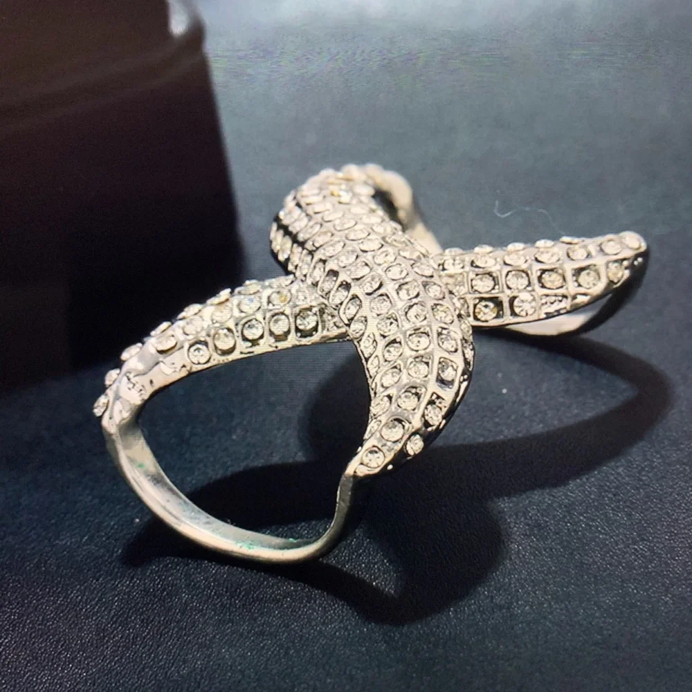 RHINESTONE  SCARF DOUBLE RING SILVER - Picture 3 of 4